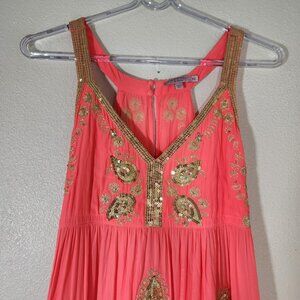 CALYPSO St. Barth Coral & Gold Maxi Dress Embroidered Sequin Sz XS DAMAGED